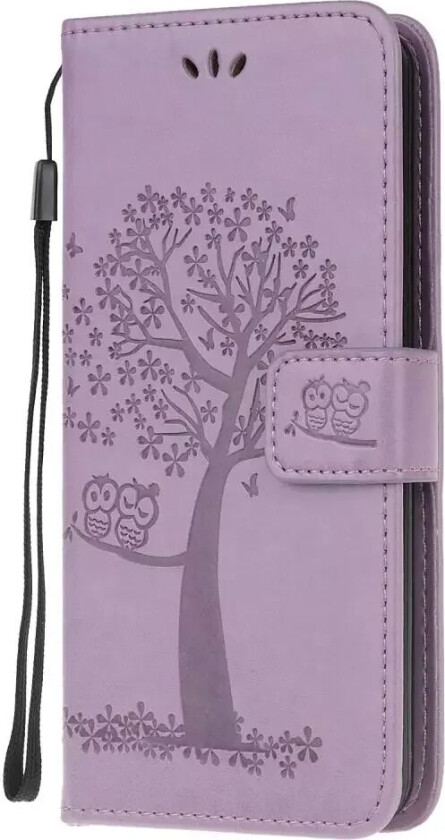Samsung Galaxy A51 Skinn Flip Deksel Ugler i Tre - Lilla