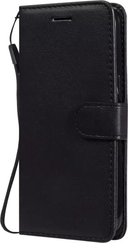 iPhone 15 Flip Deksel i Skinn med Lommebok og Stropp - Svart