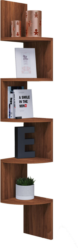 Mintis hylle , hjørnereol med 5 hyller valnøtt dekor.