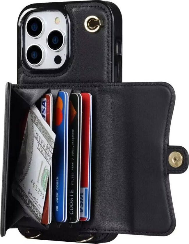 iPhone 14 Pro Skinndekket Plast Deksel med Lommebok og Stropp - Svart