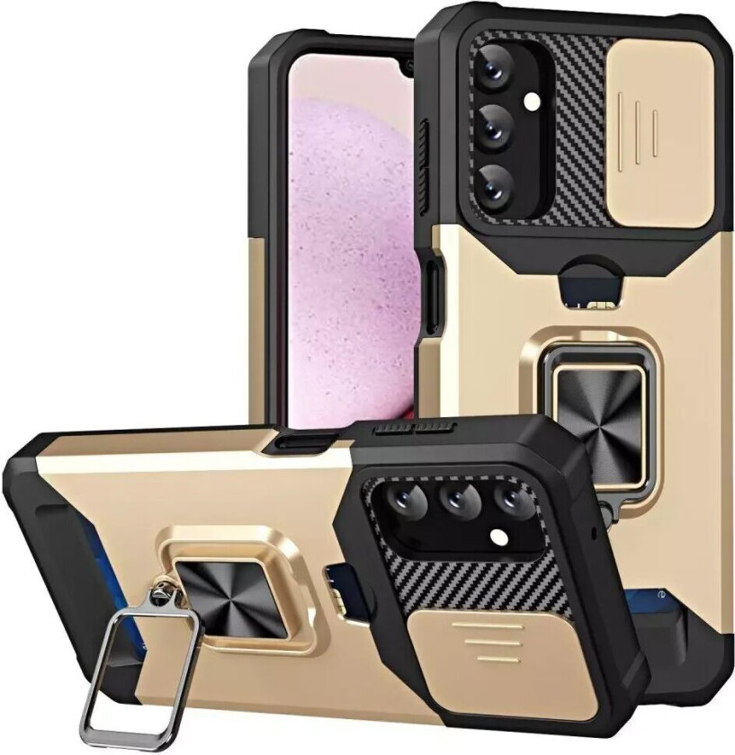 Samsung Galaxy A14 (5G) Håndverker Deksel med Magnetisk Stativ, Kortholder og Cam Slider- Svart / Gull