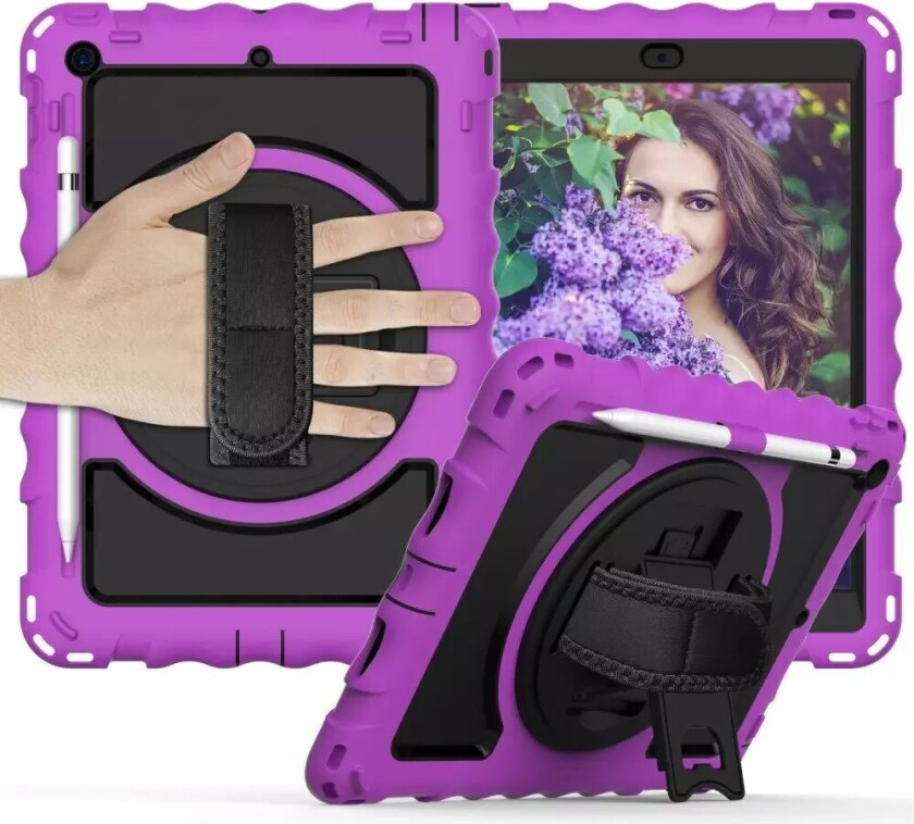 iPad 10,2" (2021 / 2020 / 2019) Håndverkerdeksel med Håndholder, Stativ og Apple Pencil Holder - Lilla
