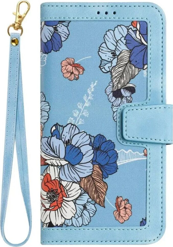 Samsung Galaxy S24 Ultra Skinn Deksel med Lommebok og Stropp - Lyse Blå med Blomster