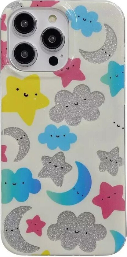 iPhone 13 Pro Glitter Plast Deksel - Hvit / Stjerner og Måner