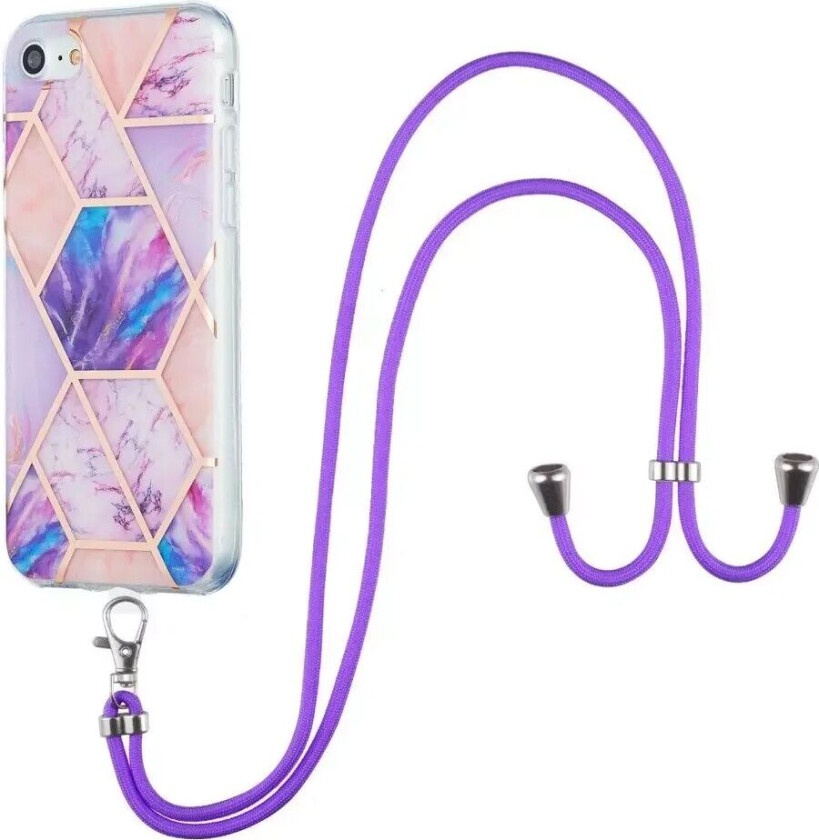 iPhone SE (2022 / 2020) / 8 / 7 Hybrid Bakdeksel med Stropp - Marmor - Rosa & Lilla