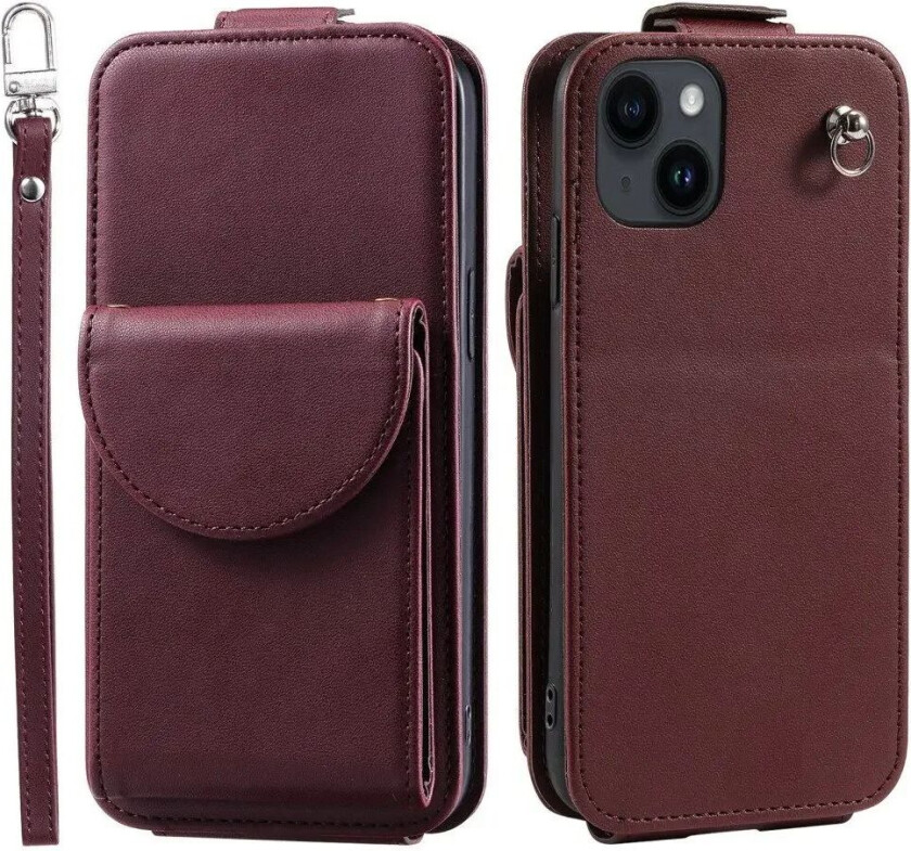 iPhone 15 Vertikalt Kunst Skinn Flip Deksel med Lommebok / Ståfunksjon / Stropp - Rød