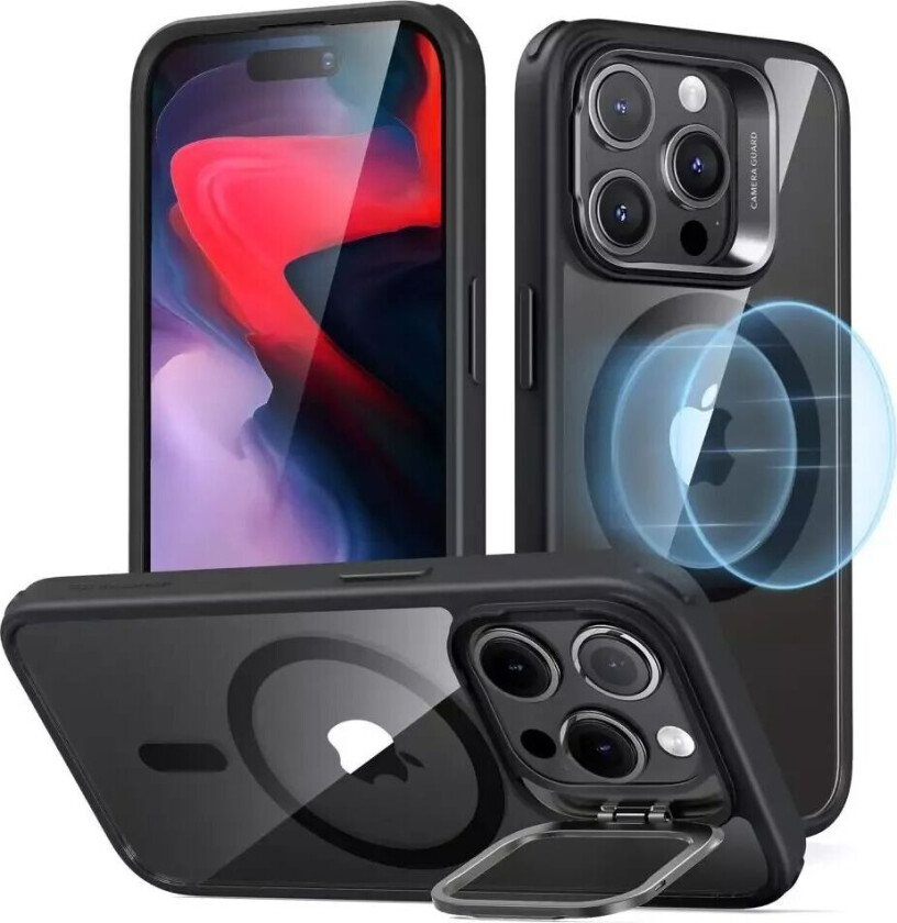 iPhone 15 Pro Classic Kickstand Halolock Deksel - MagSafe Kompatibel - Gjennomsiktig / Svart