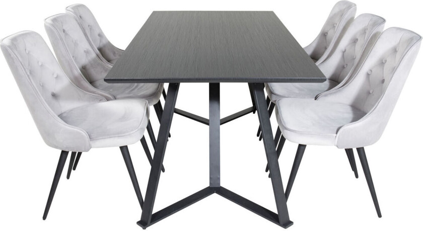 MarinaBLBL spisegruppe spisebord svart og 6 Velvet Deluxe spisestuestoler velour lysegrå.