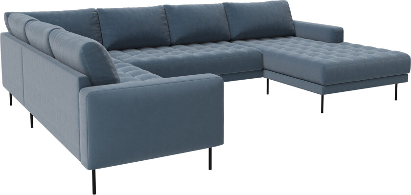 Rouge hjørnesofa med sjeselong og svarte ben. Støvblå Høyresving