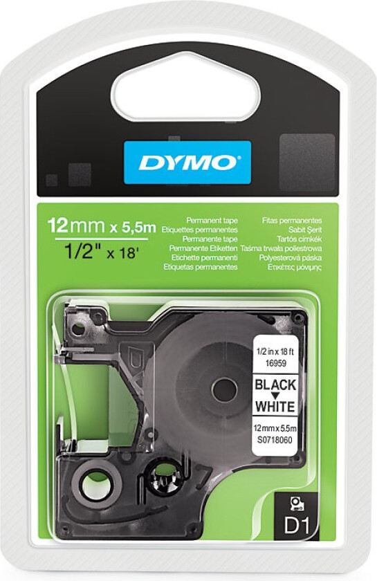 Dymo Tape D1 12mm Svart/hvit Permanent Polyester