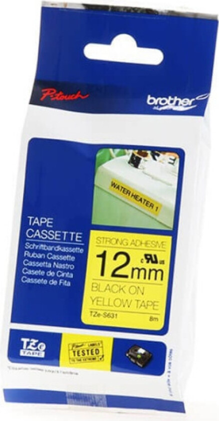 Tape 12mm Tze-s631 Svart/gul Ekstra Sterk