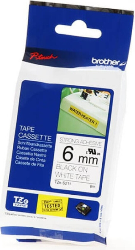 Tape 6mm Tze-s211 Svart/hvit Ekstra Sterk