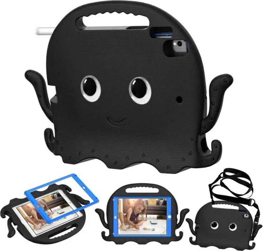 iPad (2018) / iPad (2017) / iPad Air 2 / iPad Pro 9.7" EVA Barnedeksel med Skulderstropp - Blekkspruttema - Svart