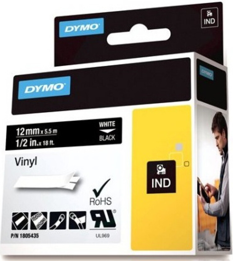 Dymo Tape Rhinopro Permanent Vinyl 12mm Hvit/svart