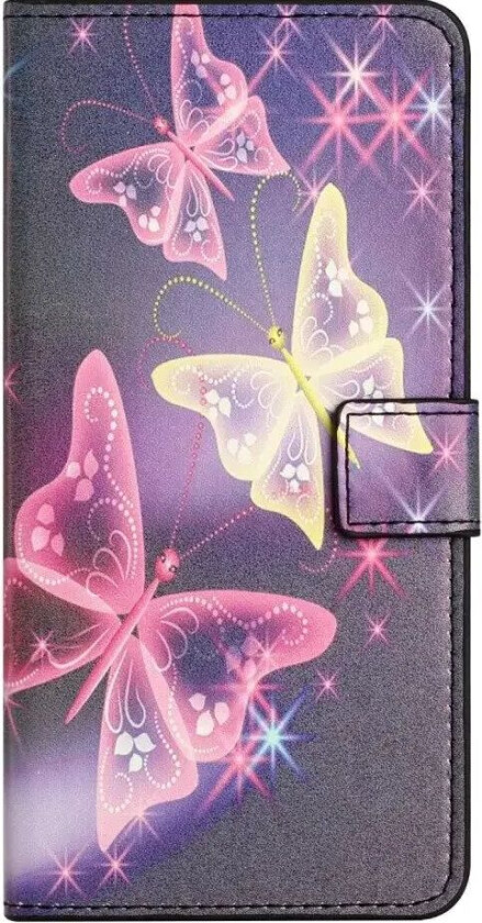 Samsung Galaxy A55 Kunstskinn Deksel med Lommebok og Stativfunksjon - Glitrende Sommerfugler