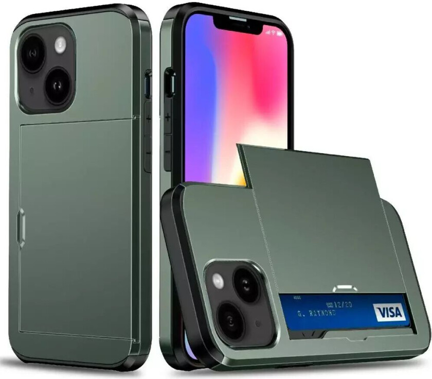 iPhone 13 Drop Proof Deksel m. Lommebok - Mørkegrønn