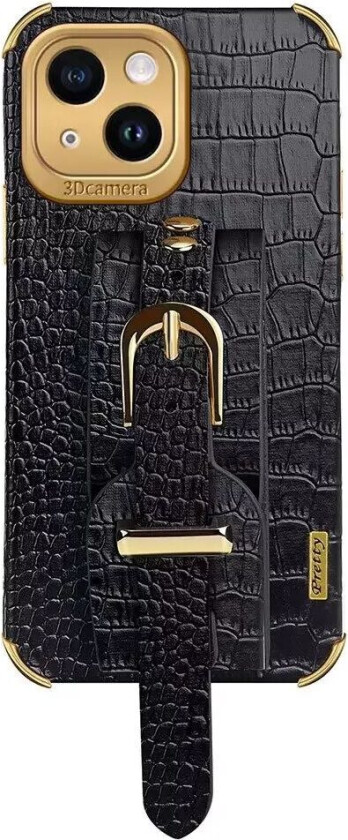 iPhone 14 Krokodilleskinn Deksel m. Innebygd Stropp - Svart