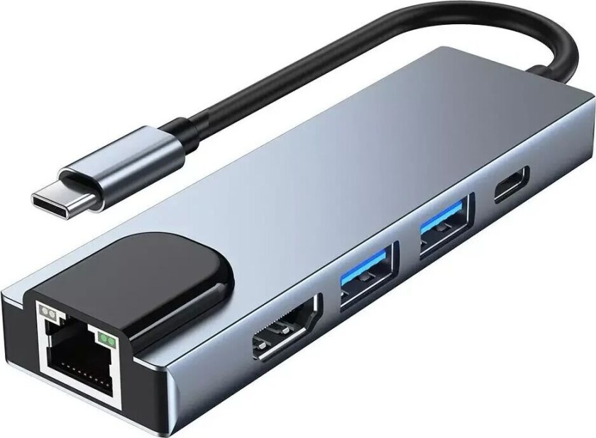 Tech-Protect 5-i-1 USB-C Multiport Hub - HDMI / USB-C / Ethernet / 2 x USB-A - Grå