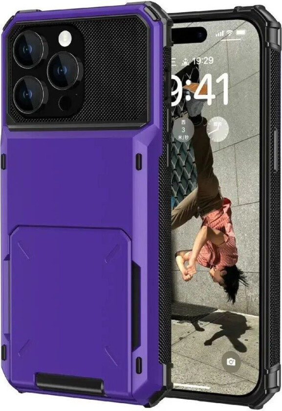 iPhone 15 Hybrid Plast Håndverker Deksel m. Kortholder - Lilla