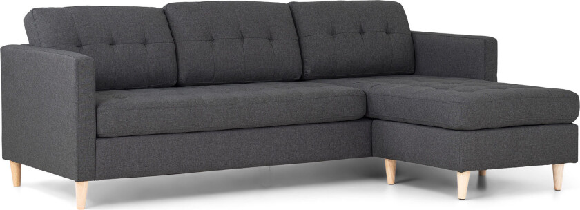 Marino sofa, sjeselongsofa høyre eller venstrevent i stoff mørk grå og med treben.