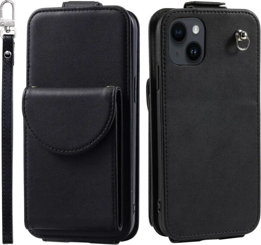 iPhone 15 Vertikalt Kunst Skinn Flip Deksel med Lommebok / Ståfunksjon / Stropp - Svart