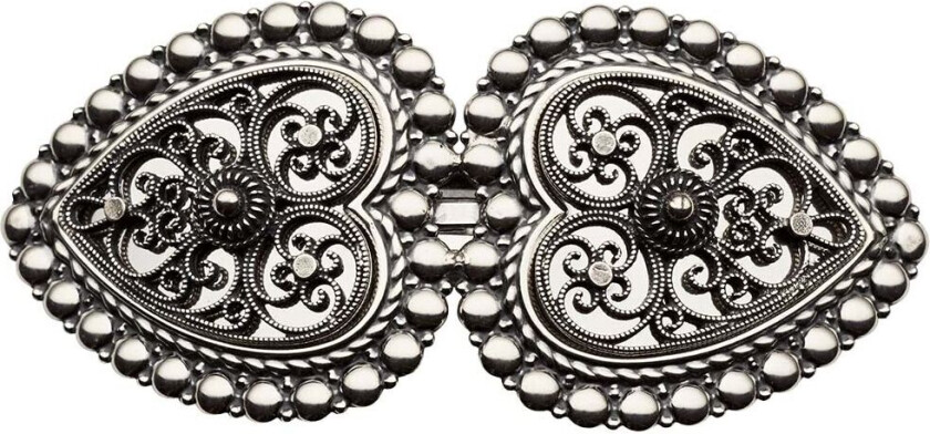 Hårspenne i 830 oksidert sølv med perlekant og kruser