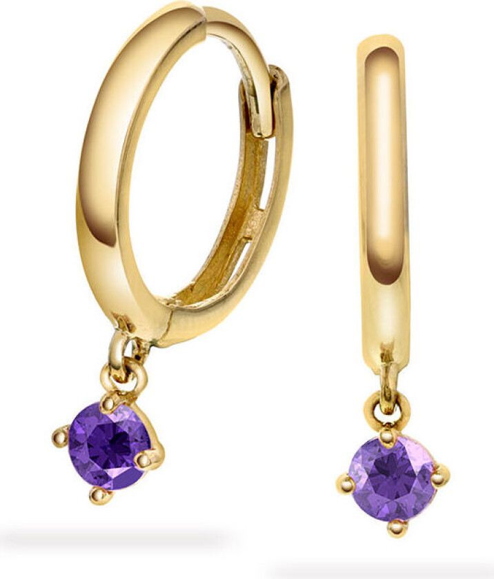 , Øredobber i 585 gult gull med lilla zirkonia