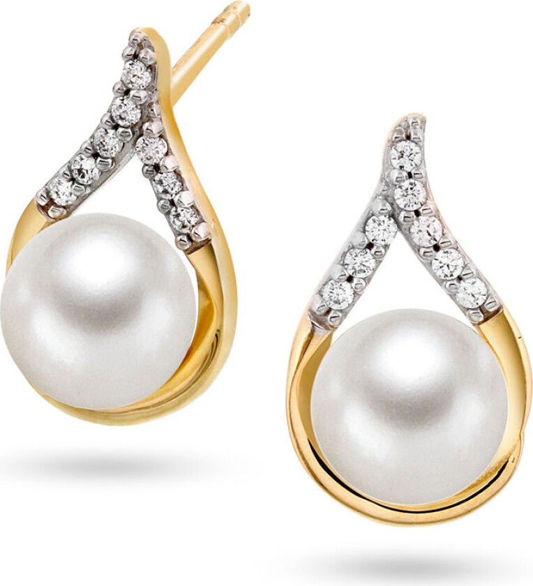 , Øredobber i 585 gult gull med ferskvannsperler og zirkonia