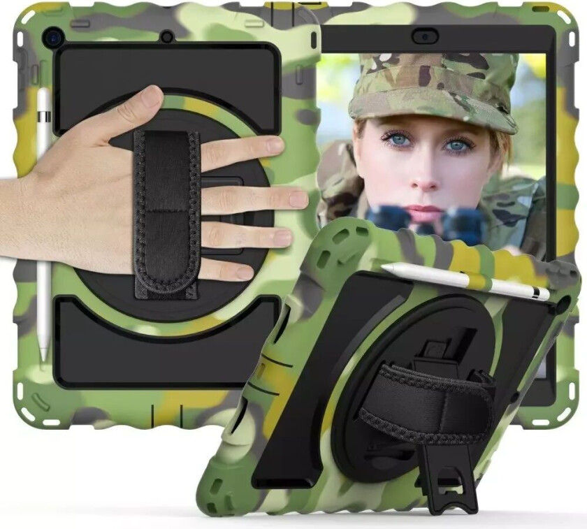 iPad 10,2" (2021 / 2020 / 2019) Håndverkerdeksel med Håndholder, Stativ og Apple Pencil Holder - Kamuflasje