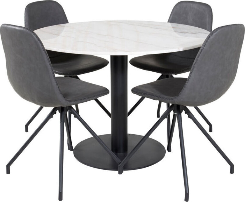 EstelleØ106WHBL spisegruppe spisebord hvit, marmor og 4 Polar spisestuestoler PU kunstskinn svart.