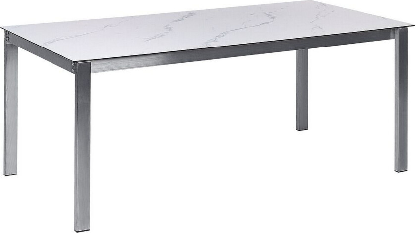 Hagebord Hvit bordplate i herdet glass med marmoreffekt Bordplate i rustfritt stål Rektangulær 180 x 90 cm 6-seter