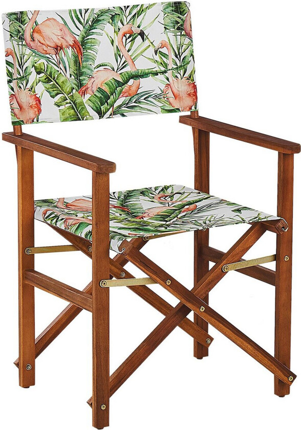 Sett med 2 Hagestoler Mørk Akasietre Flamingomønster Stoff Sete Tilbakelent Sammenleggbar