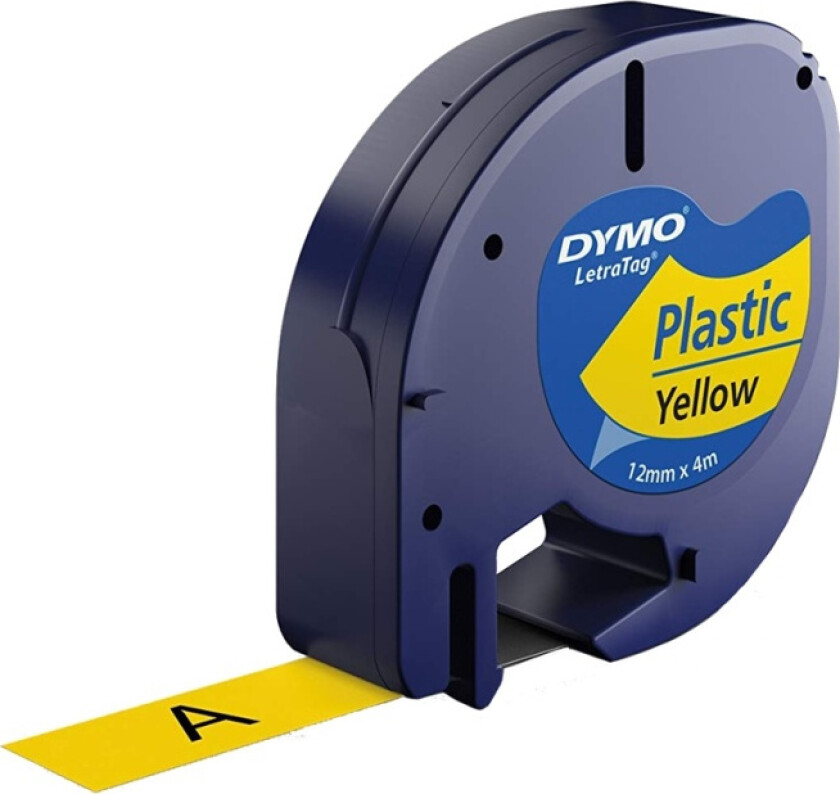 Letratag plasttape, sort på gul, 12mm x 4m rull, selvklebende