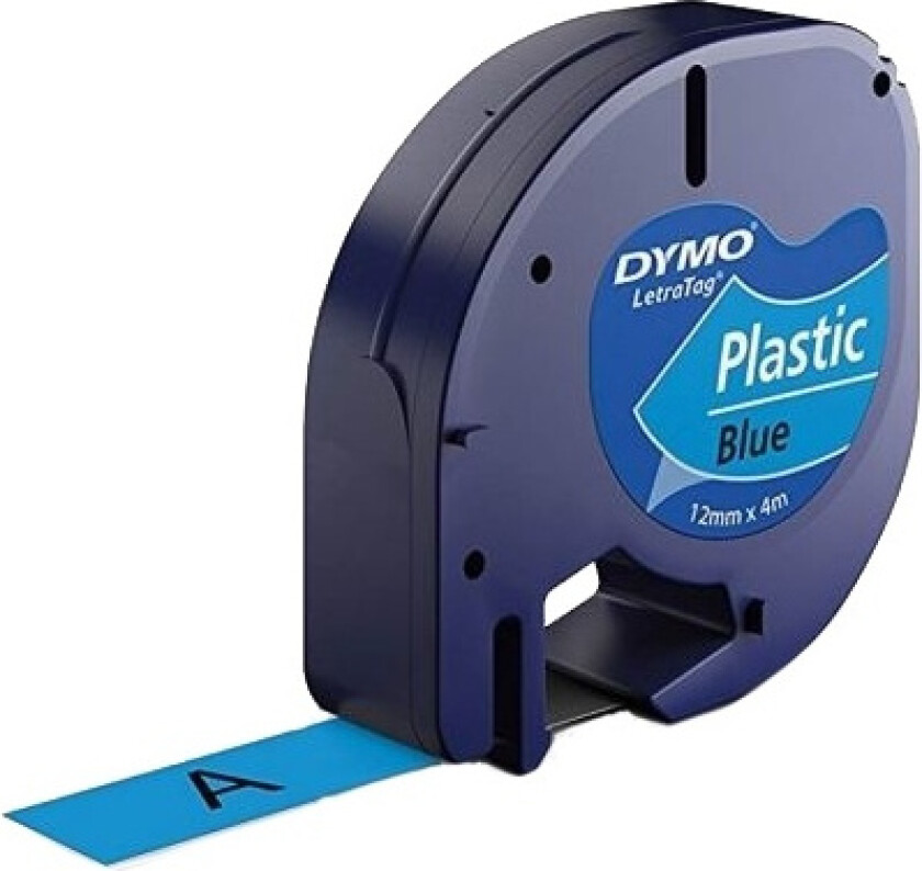 Letratag plasttape, sort på blå, 12mm x 4m ruller, selvklebende