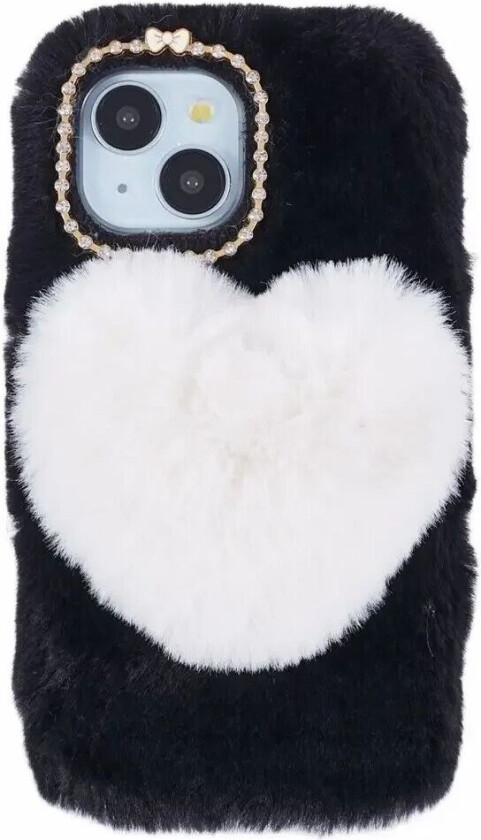 iPhone 15 Fleksibelt Plastbakdeksel m. Pels - Hjerte - Svart