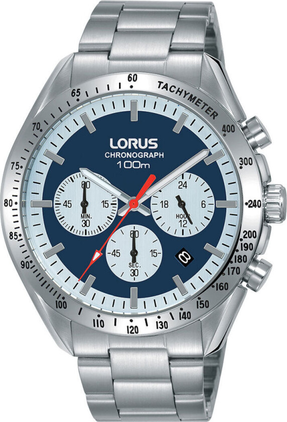 , Herreklokke i stål med lenke og blå skivemed chronograph
