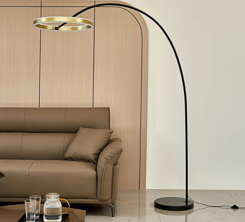 Yekta LED-buegulvlampe, stepdim, messing