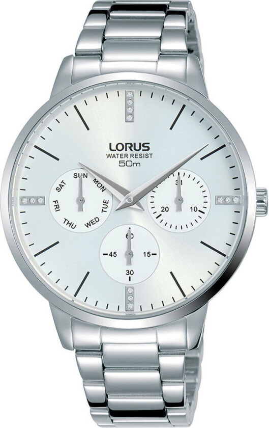 , Dameklokke i stål med lenke og hvit skive med chronograph