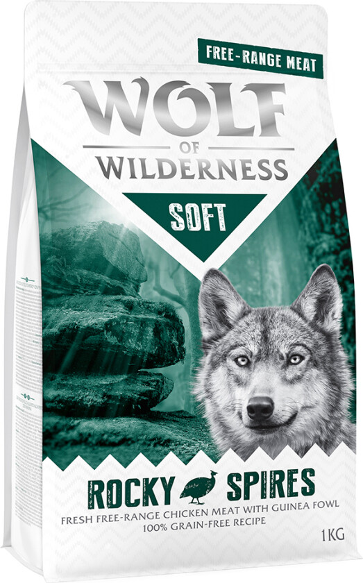 1 kg Wolf of Wilderness hundefôr til spesialpris! - Rocky Spires - Frittgående kylling & Perlehøns (Soft & Strong)