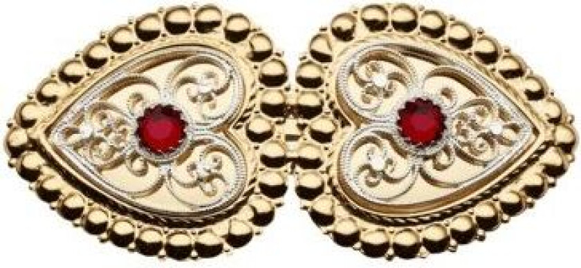 Hårspenne i 830 forgylt sølv med rød sten, perlekant og kruser