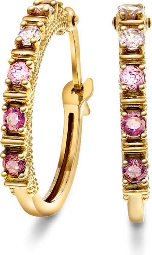 , Øreringer i 585 gult gull med rosa stener