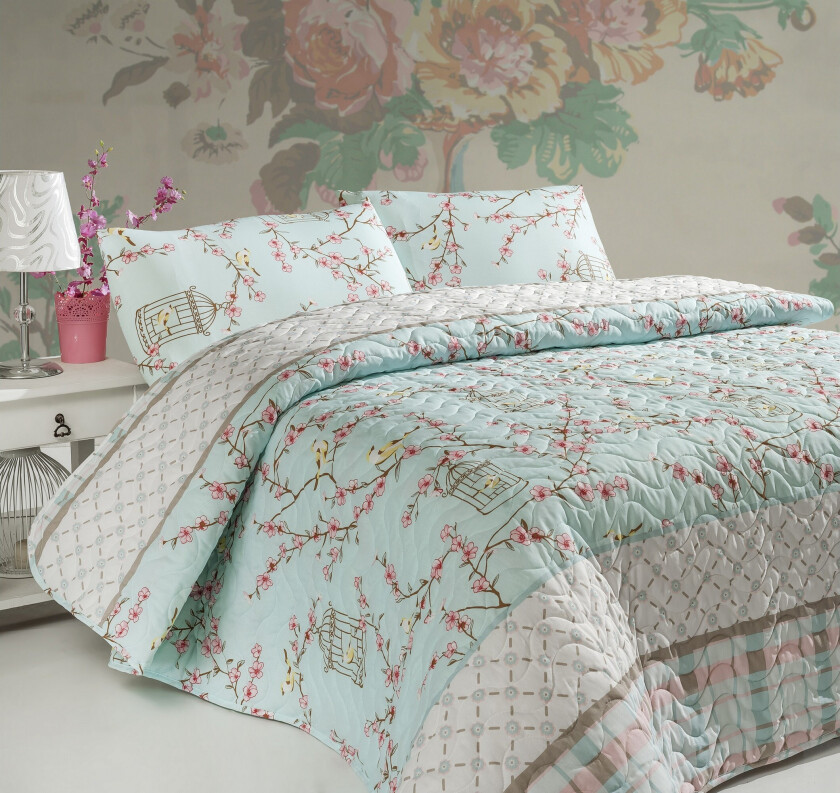 Eponj Home Sengeteppe Enkelt 160x220+Putetrekk Quiltet - Turkis/Hvit/Beige/Rosa