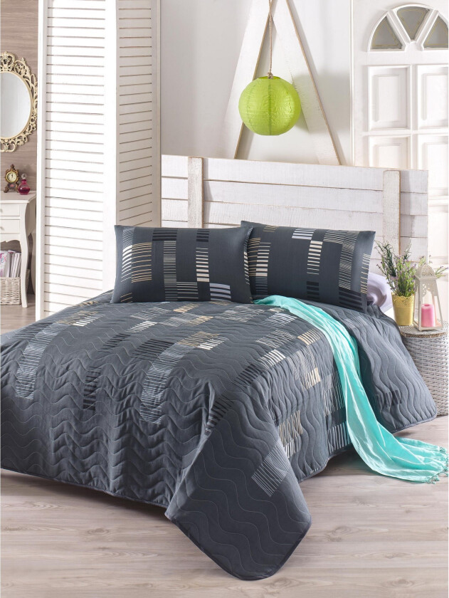 Eponj Home Sengeteppe Enkelt 160x220+Putetrekk Quiltet - Antrasitt/Svart/Hvit