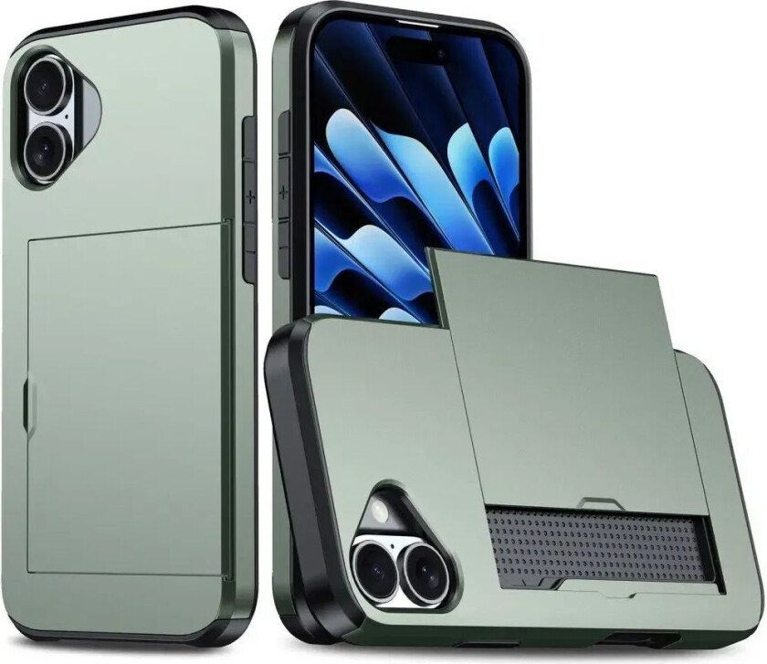iPhone 16 Drop Proof Deksel m. Lommebok - Grønn