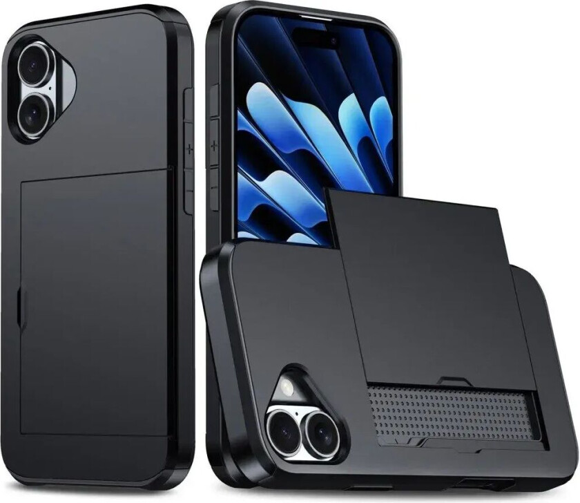 iPhone 16 Drop Proof Deksel m. Lommebok - Svart