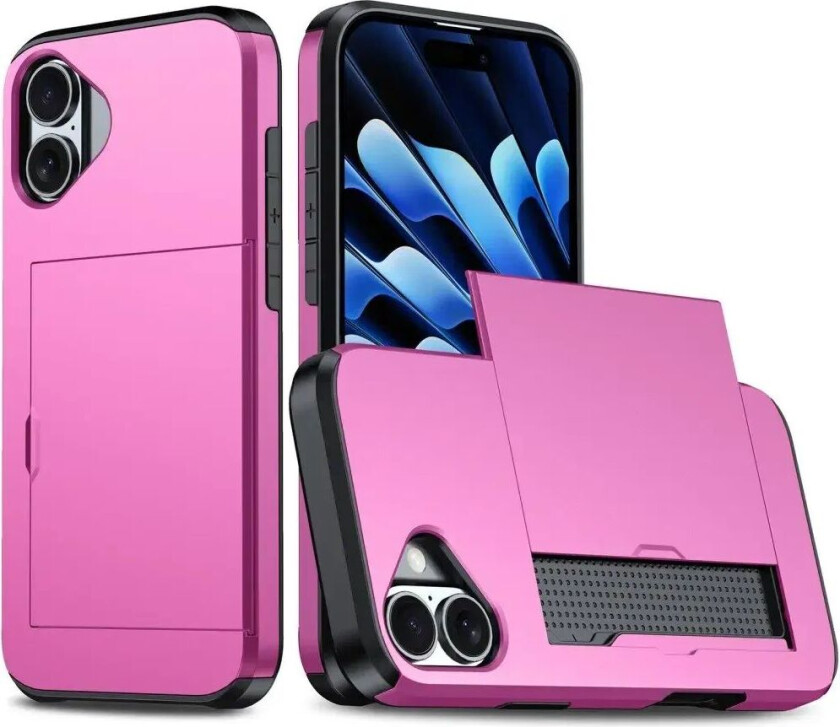 iPhone 16 Drop Proof Deksel m. Lommebok - Rosa
