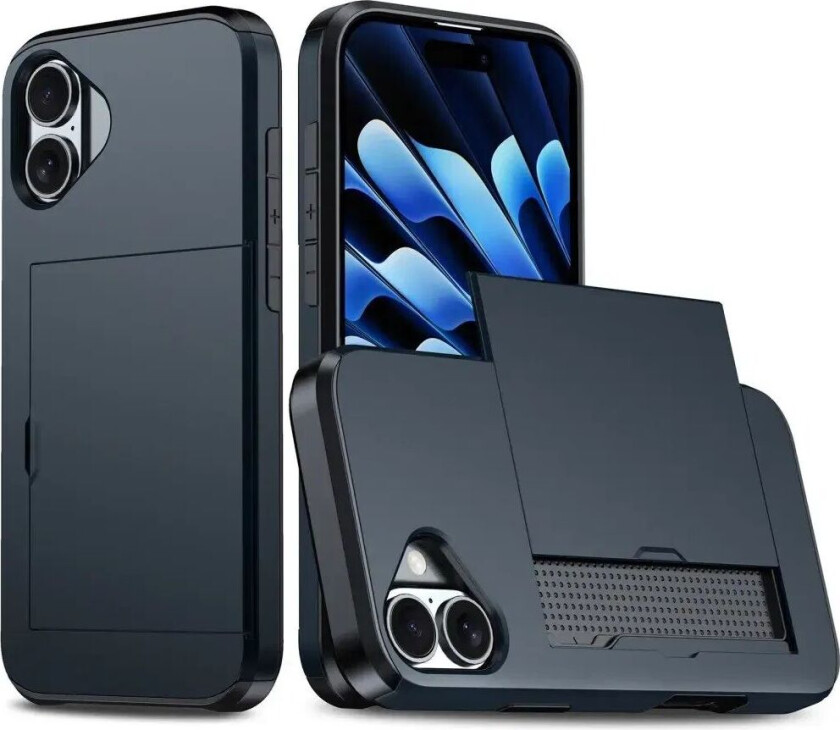 iPhone 16 Drop Proof Deksel m. Lommebok - Mørke Blå