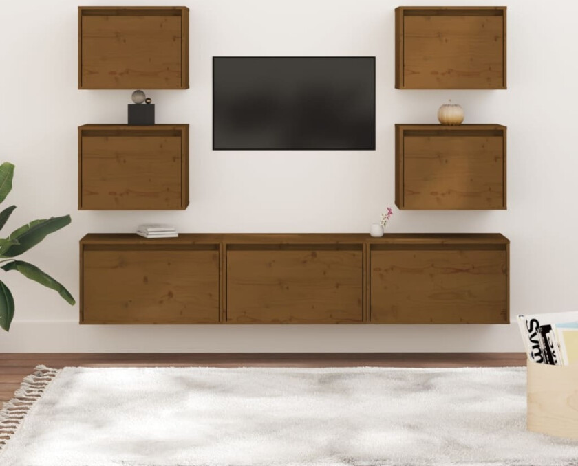 TV-benker 7 stk honningbrun heltre furu