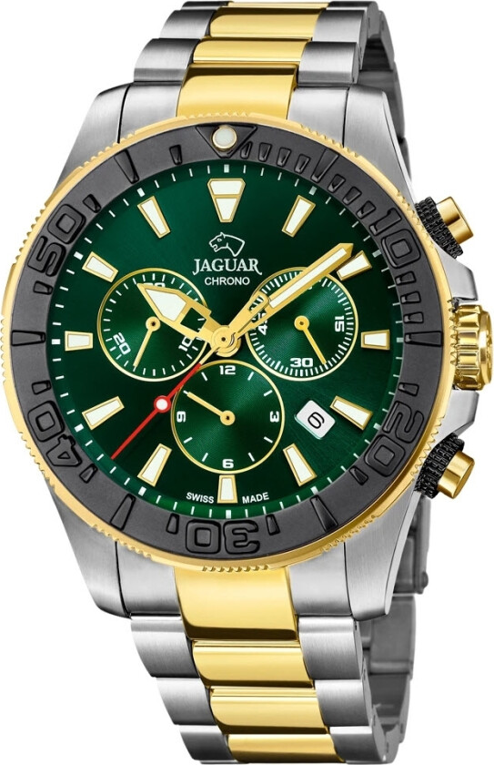 Swiss Made Executive Diver XXL Chrono J873/2 - Kvarts - Gull Sølv - Herreklokker - Rustfritt stål - ledd m/pin - Safir