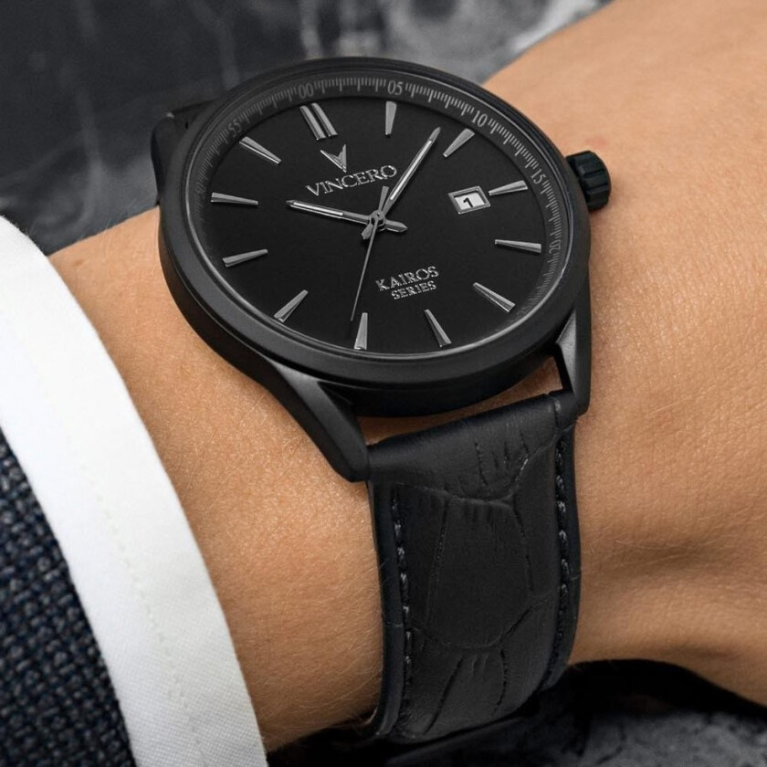 La elegansen skinne gjennom - Vincero Kairos Matte Black Bla-Bla-K11 - Kvarts - Sort - Herreklokker - Skinn - Safirbelagt mineralglas